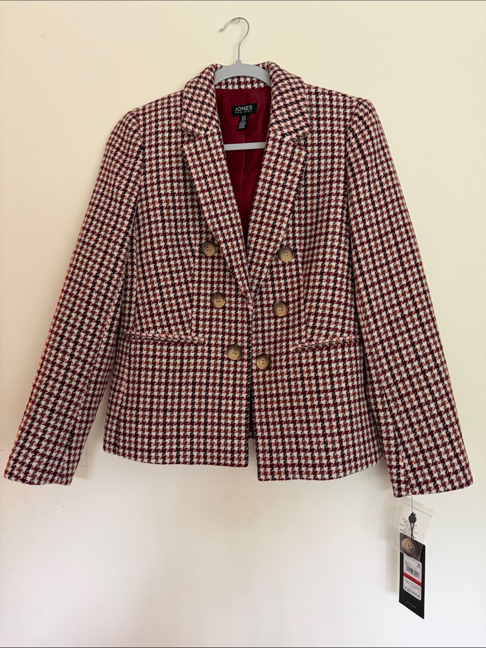 Jones New York Red and Cream Houndstooth Double-Breasted Blazer